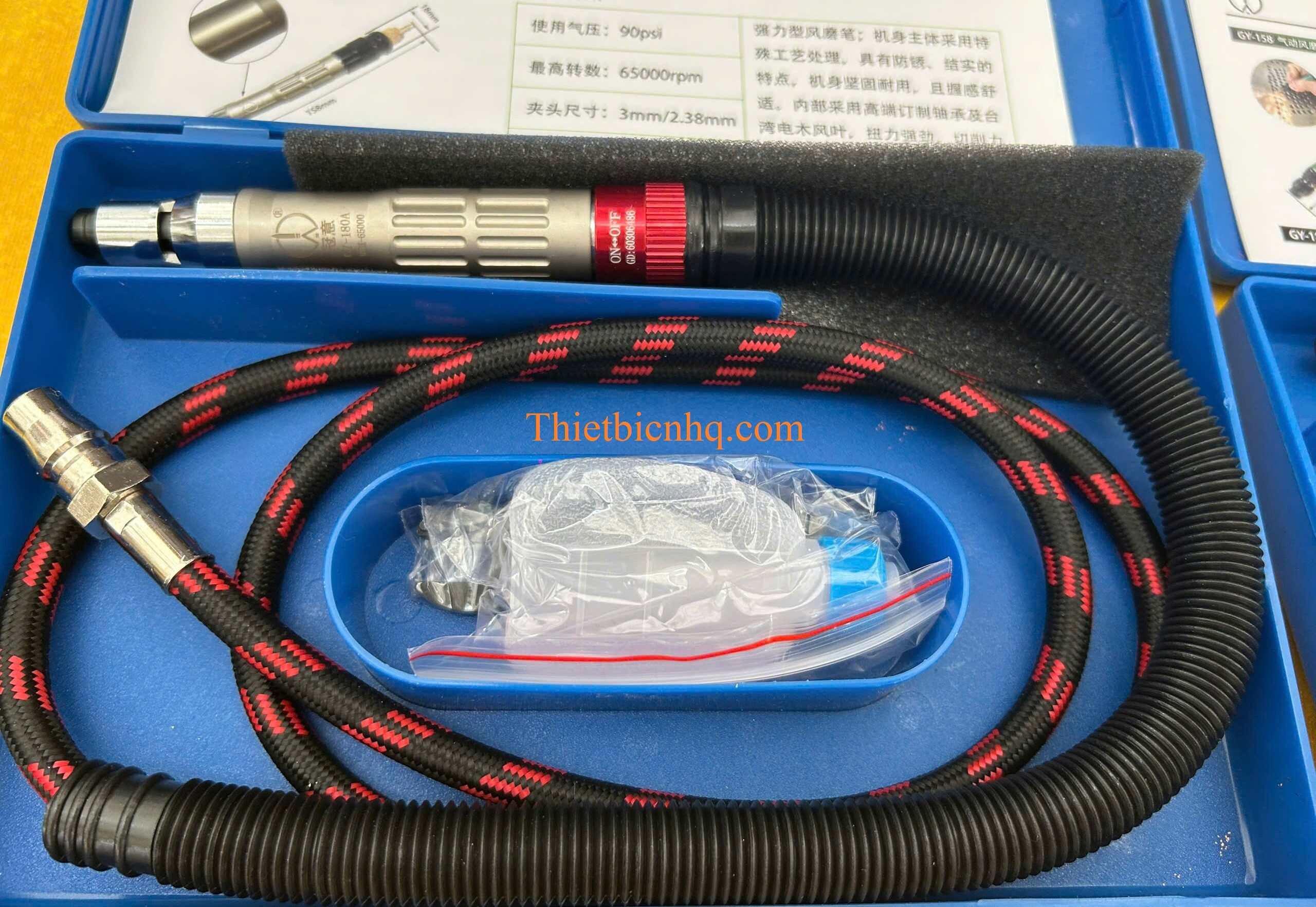 Bộ máy mài khí nén cầm tay đầy đủ phụ kiện Bộ máy mài khí nén cầm tay gồm máy dây hơi đầu nối nhanh cờ lê và phụ kiện đi kèm