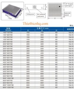 Bản vẽ kích thước và thông số kỹ thuật bàn từ cơ với nhiều kích cỡ tiêu chuẩn, phù hợp cho máy phay, máy mài, máy EDM và CNC