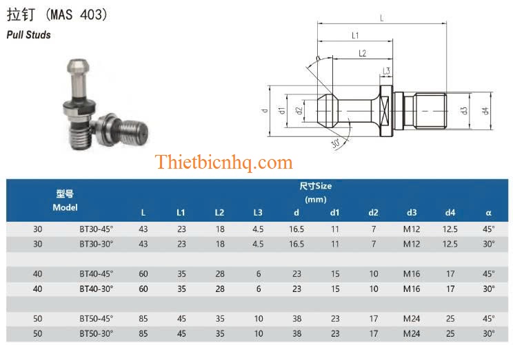 Kích thước vít rút BT Pull Stud Bản vẽ kích thước vít rút BT Pull Stud tiêu chuẩn