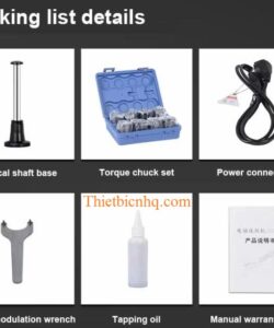 Bộ phụ kiện tiêu chuẩn đi kèm máy taro điện M3-M16 gồm đầu kẹp taro, dây nguồn, dầu taro và dụng cụ lắp đặt