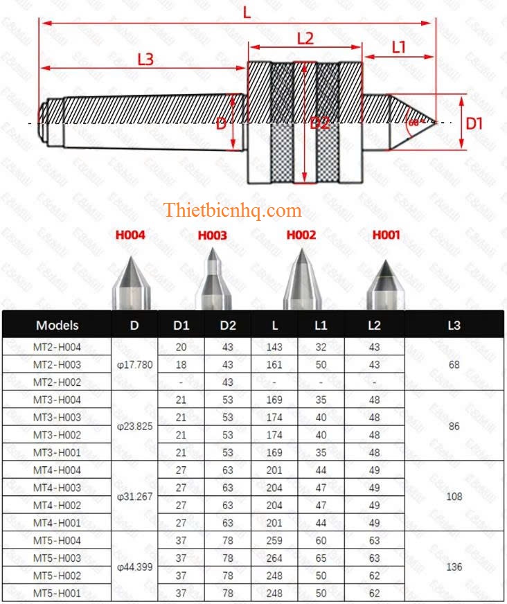 Kích thước mũi chống tâm quay MT Bản vẽ kích thước mũi chống tâm quay MT H001 H002 H003 H004