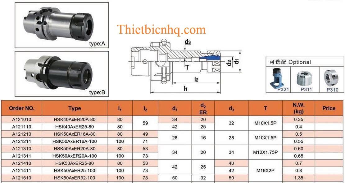 Kích thước HSK50A-ER Kích thước bầu kẹp dao HSK50A-ER